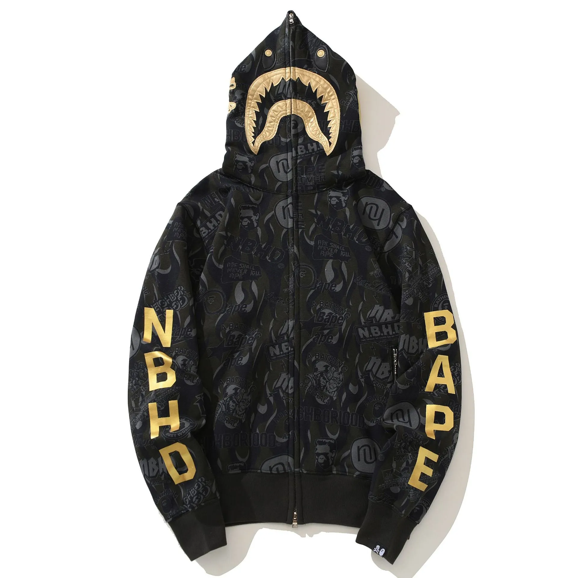 Golden Letters Ape Shark Camo Hoodie Full Zipper Jacket