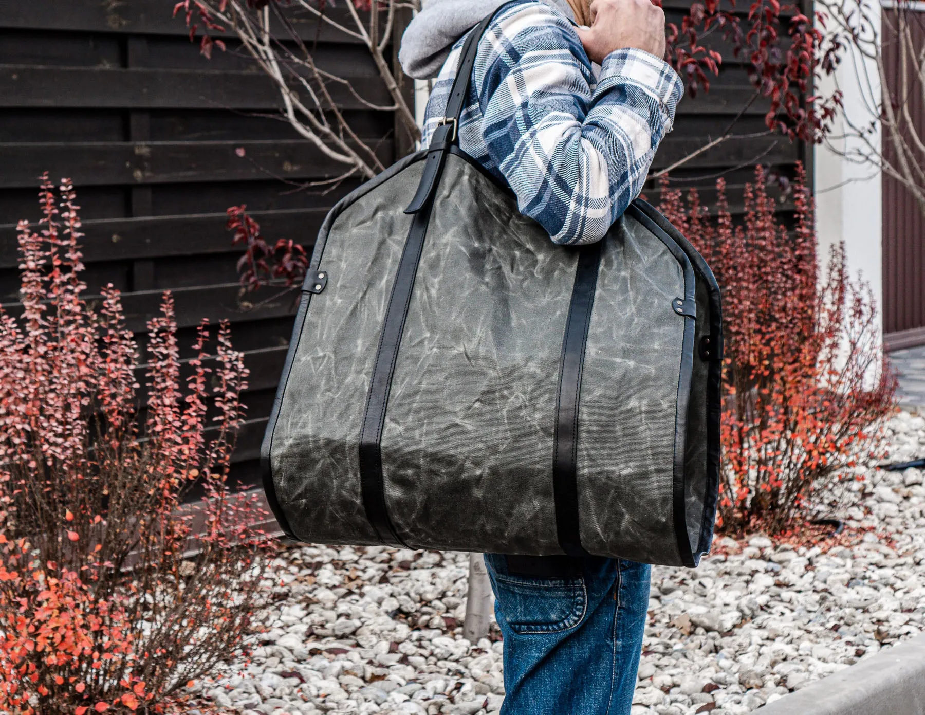 Grey Log Carrier | Waxed Canvas Firewood Carrier | Personalised Gift for men