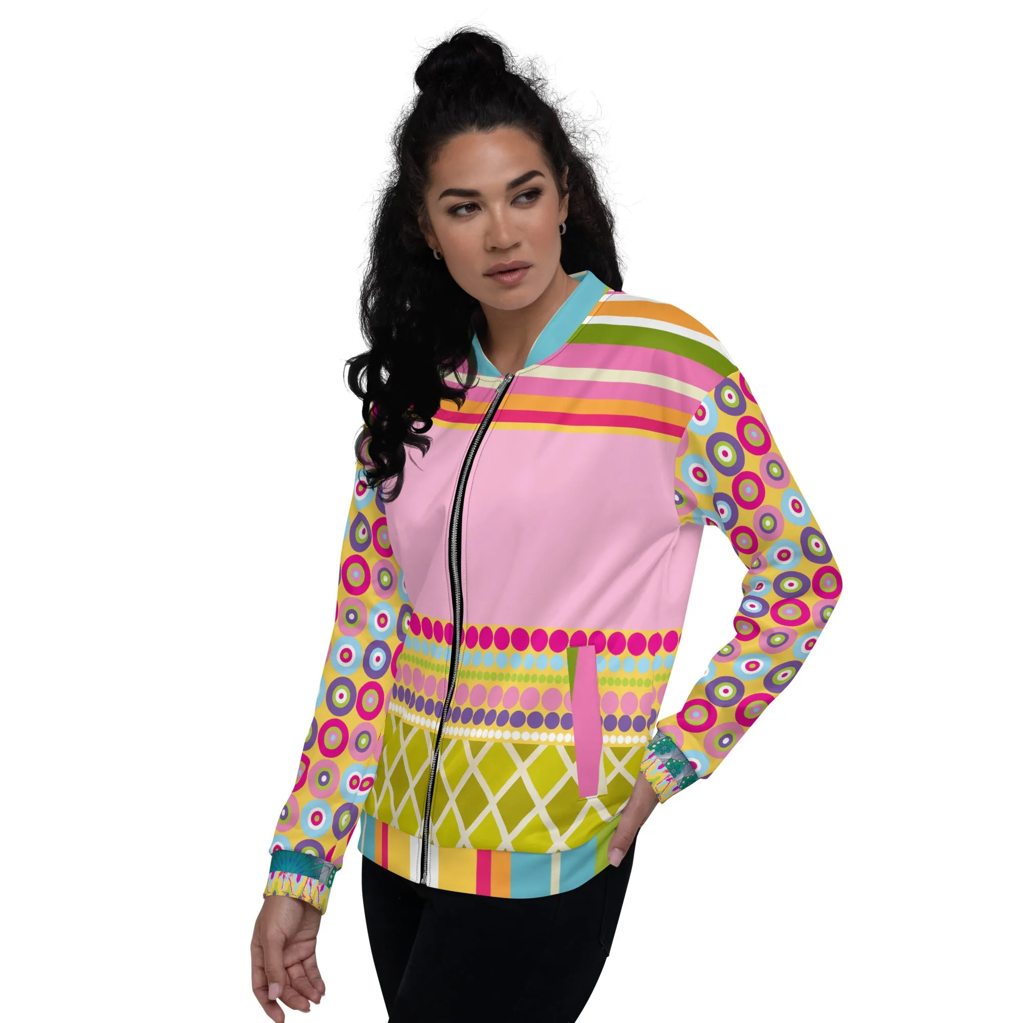 Hello Janis! Pink Patchwork Unisex Bomber Jacket