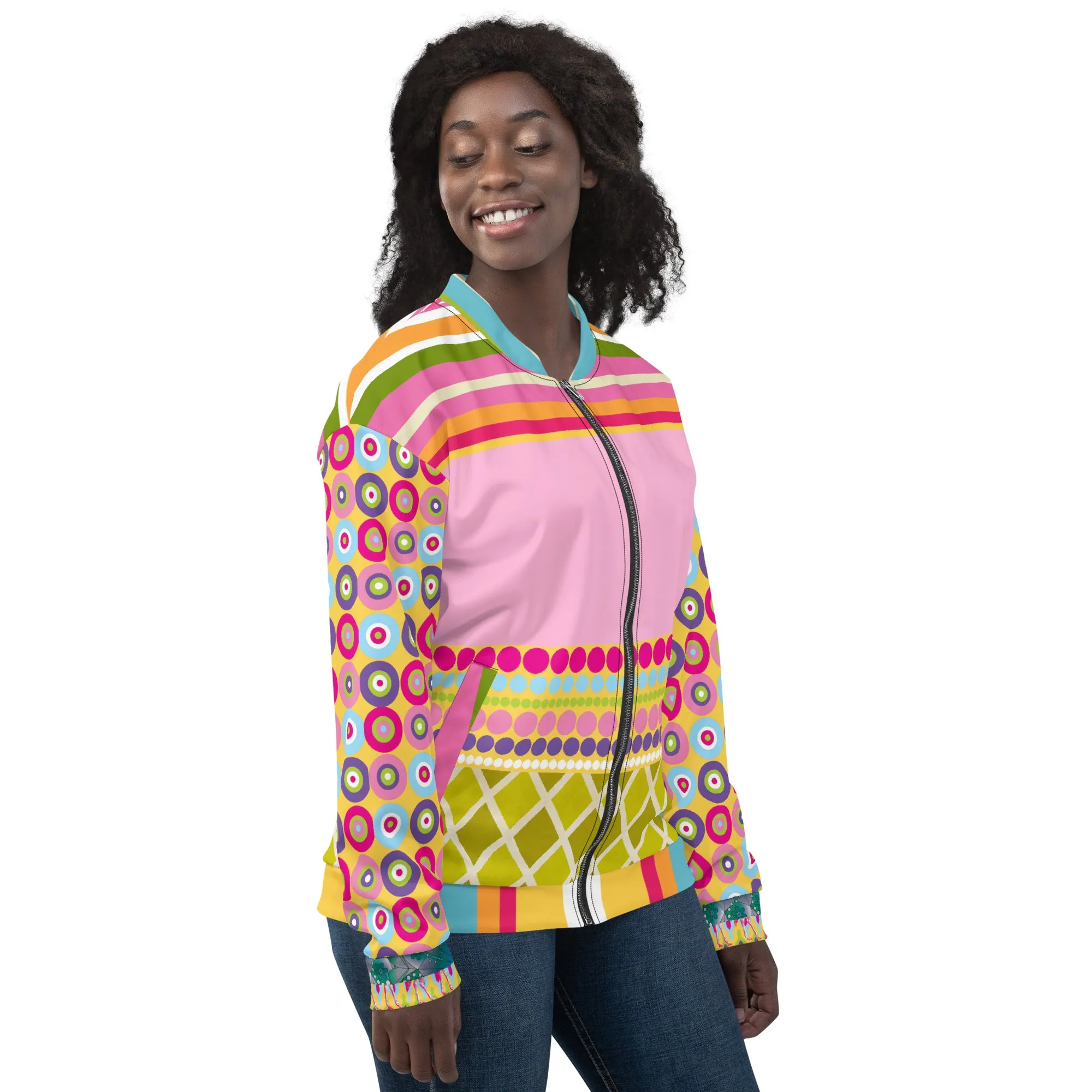 Hello Janis! Pink Patchwork Unisex Bomber Jacket