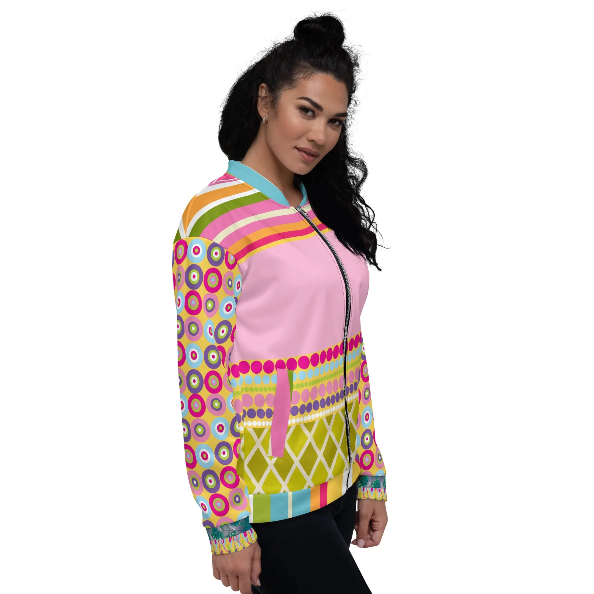 Hello Janis! Pink Patchwork Unisex Bomber Jacket