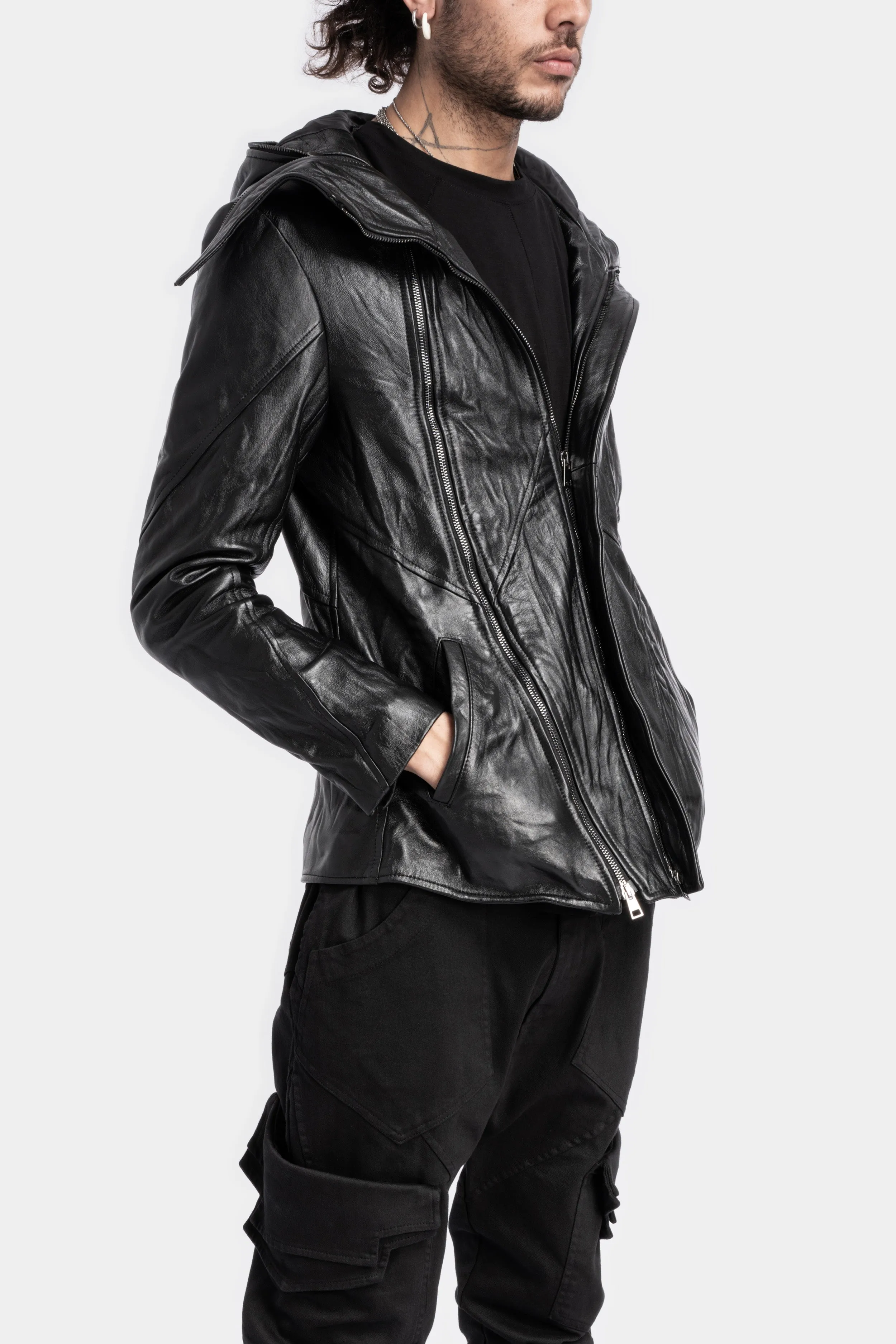 Hooded asymmetric leather jacket