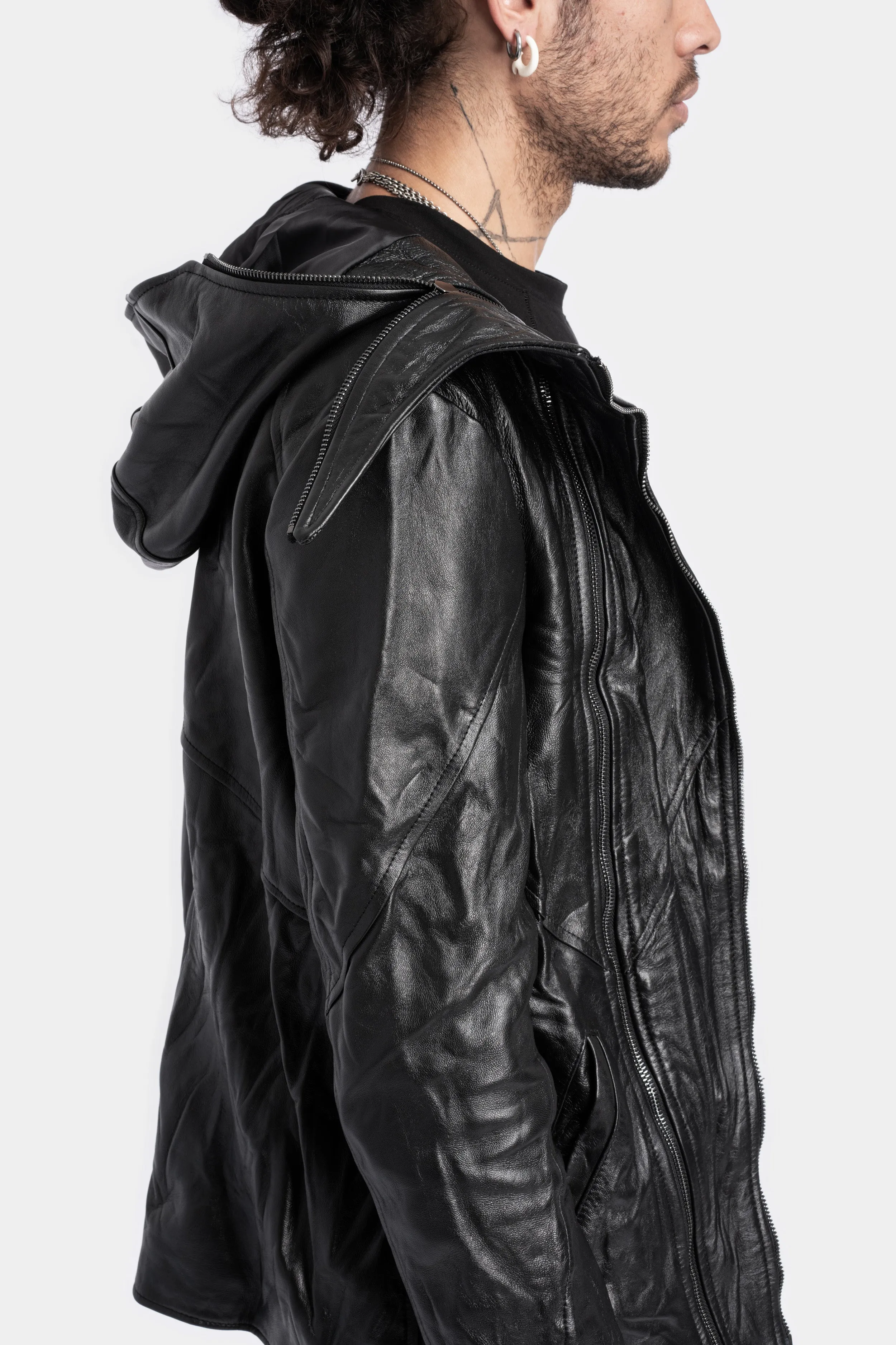 Hooded asymmetric leather jacket