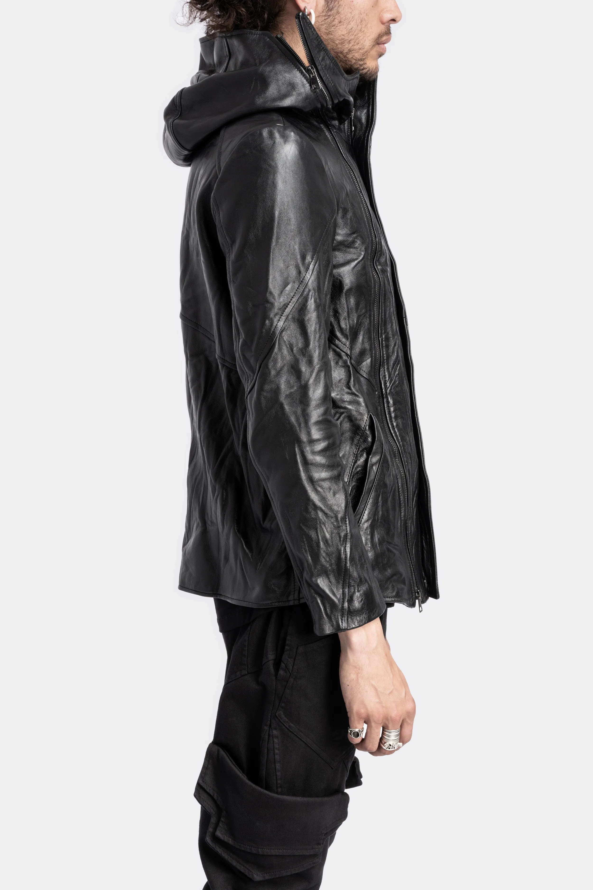 Hooded asymmetric leather jacket