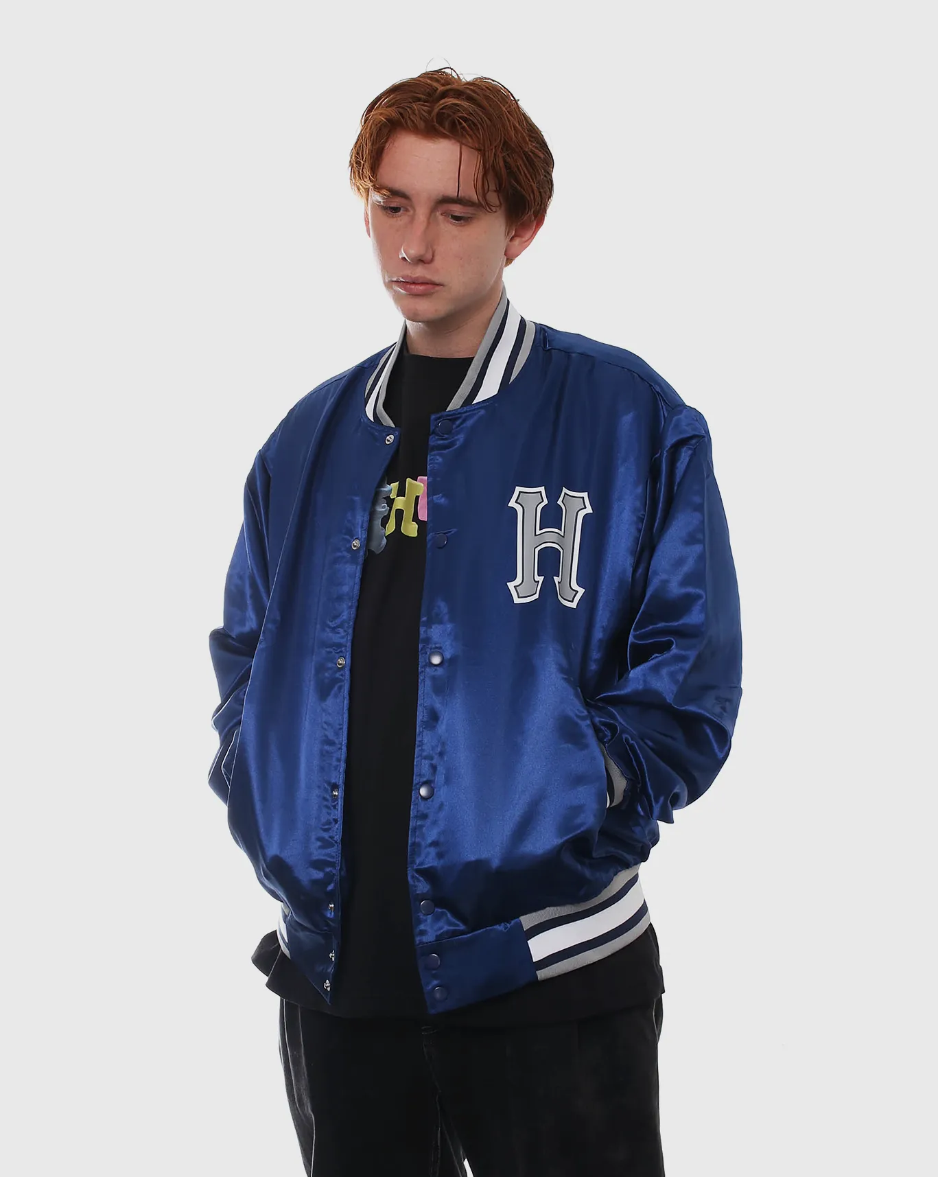 Huf Crackerjack Satin Baseball Jacket - Navy - Sale