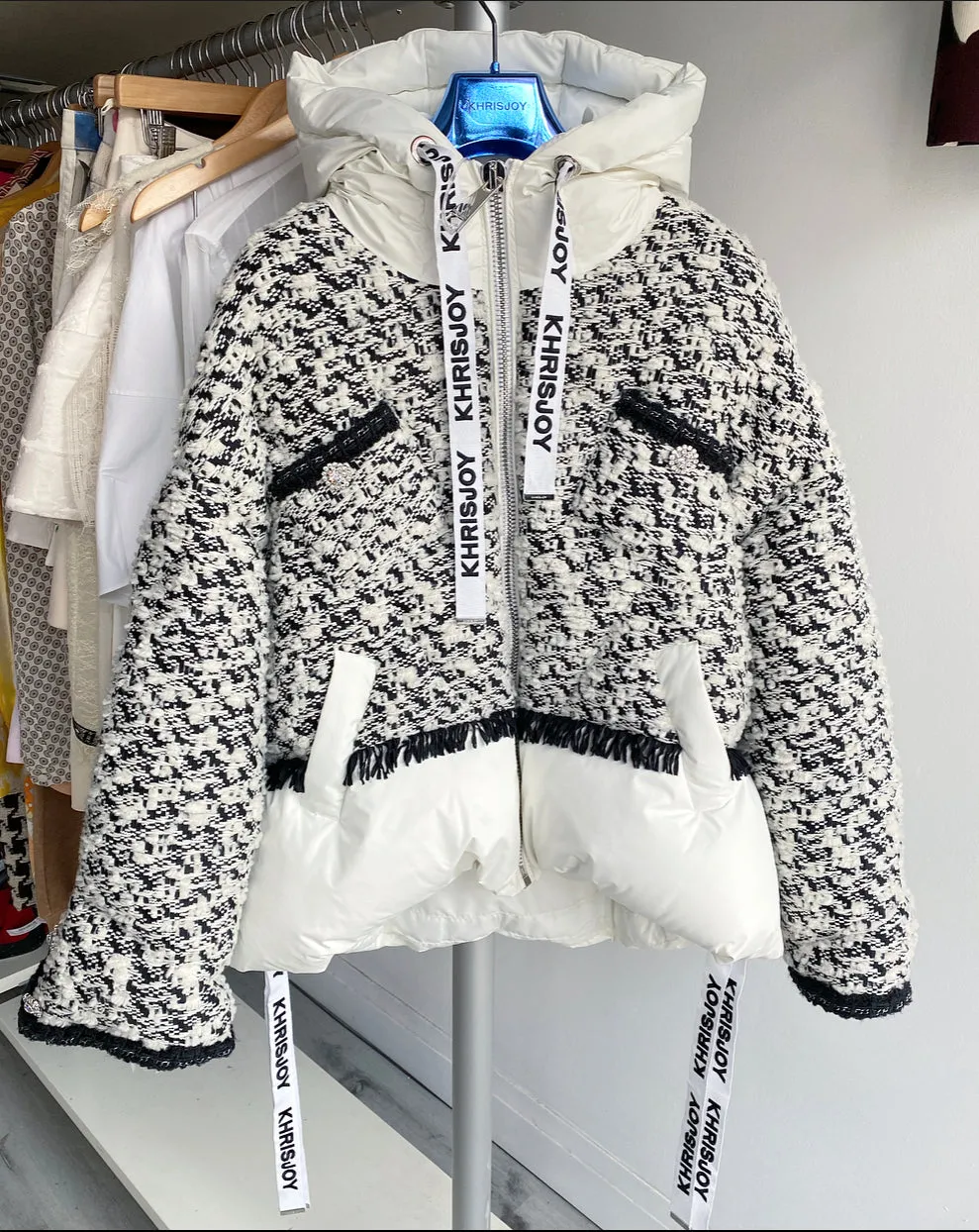 Krisjoy Black and White Tweed Puffer Parka Jacket - S