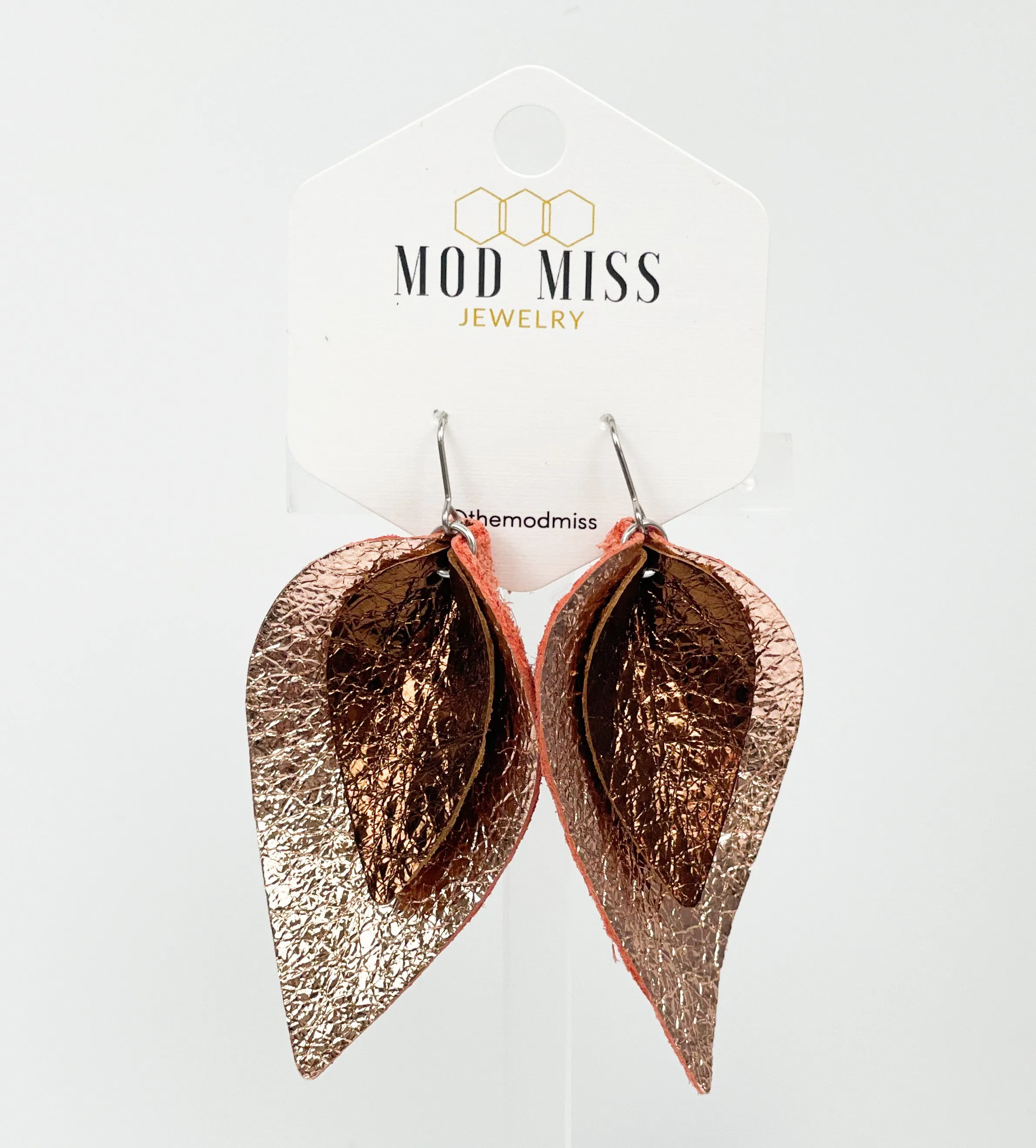 Leather Stacked Petal Earring Metallic Rose Gold on Metallic Brown