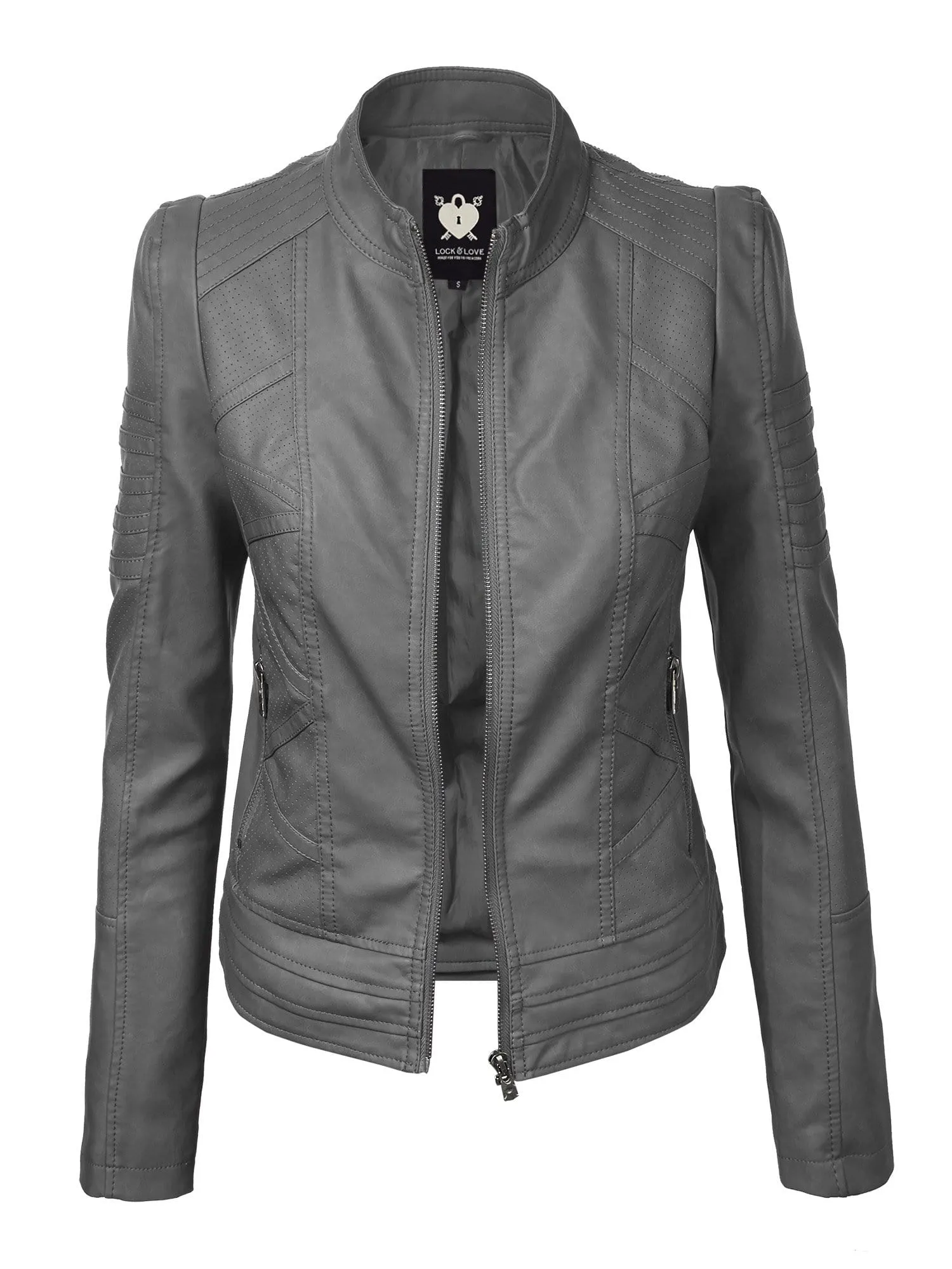 Made By Johnny MBJ Womens Faux Leather Zip Up Moto Biker Jacket with Stitching Detail