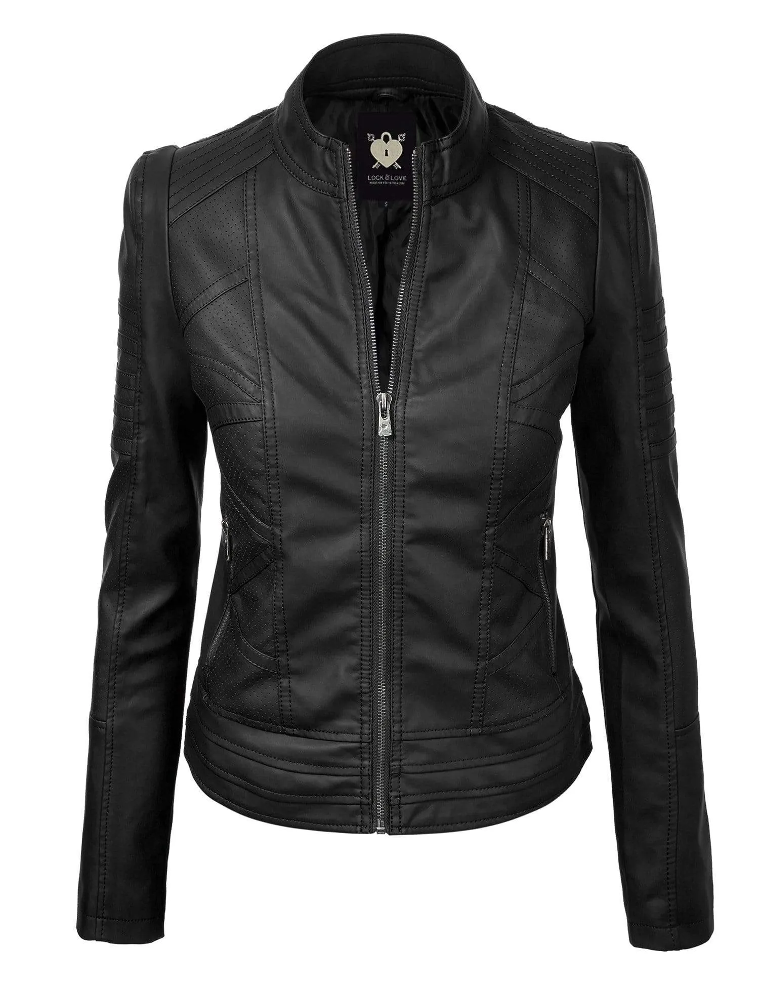 Made By Johnny MBJ Womens Faux Leather Zip Up Moto Biker Jacket with Stitching Detail