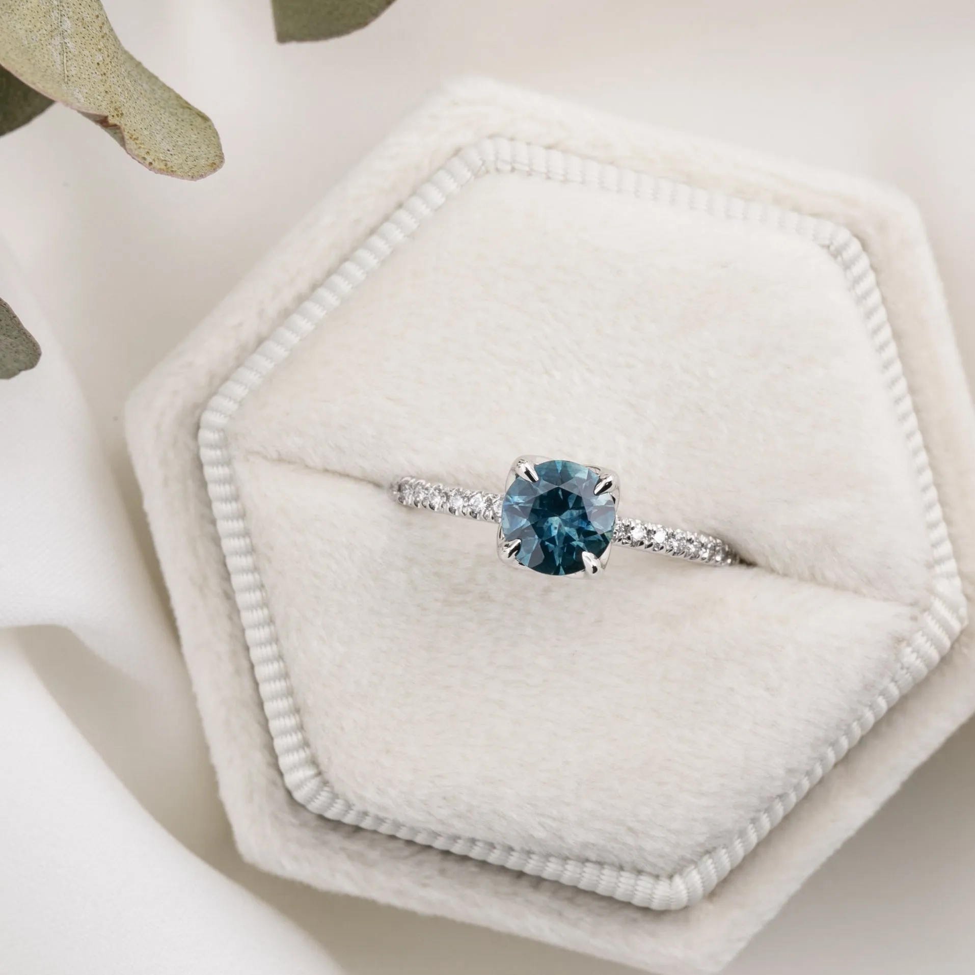 Maria Ring 1.03ct Round Blue Montana Sapphire, 14K White Gold (One of a kind)