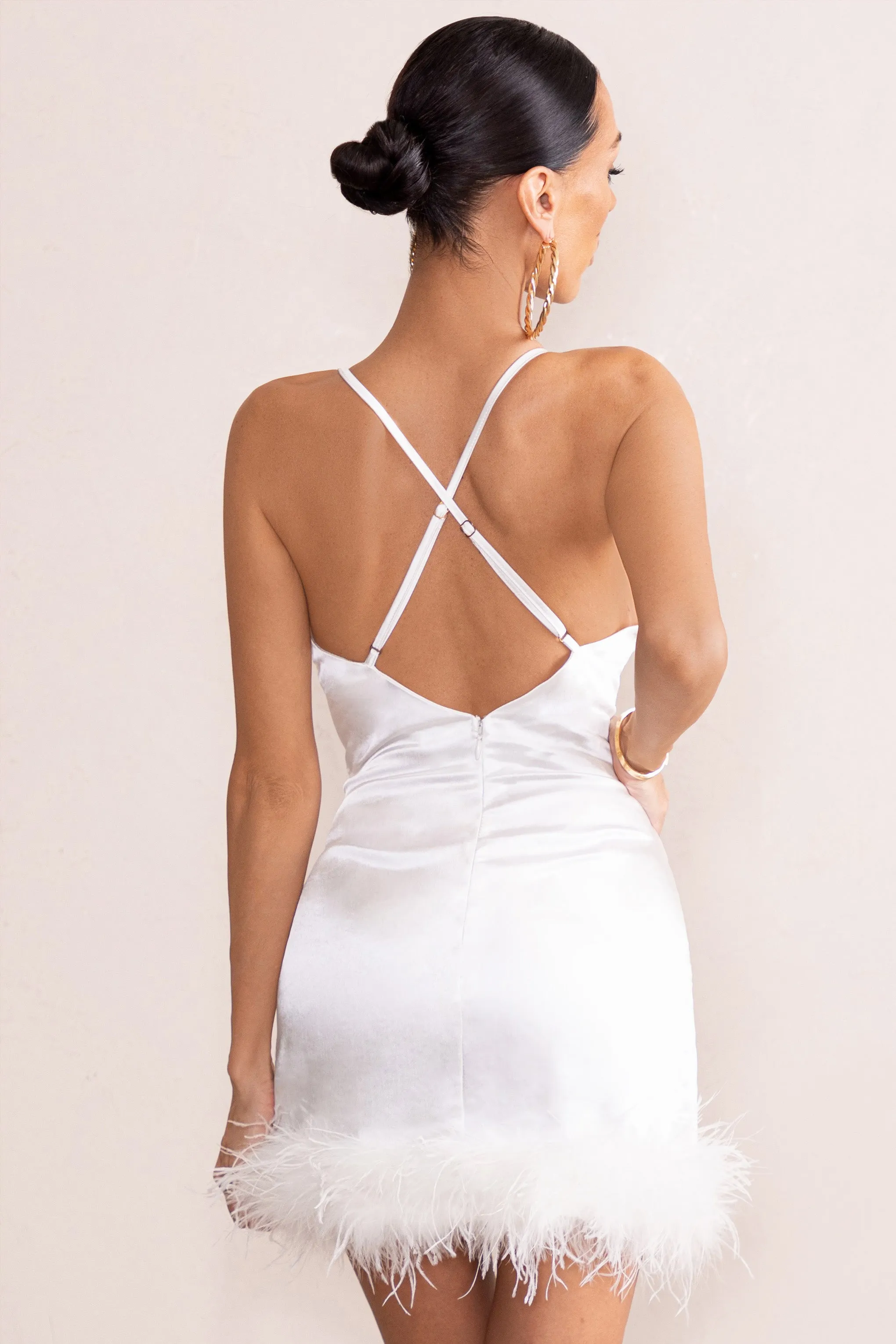 Members Only | White Satin Feather Trim Mini Dress