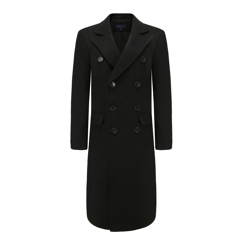 Men's Double-Breasted Knee Length Wool Blend Three Button Long Jacket Overcoat Top Coat