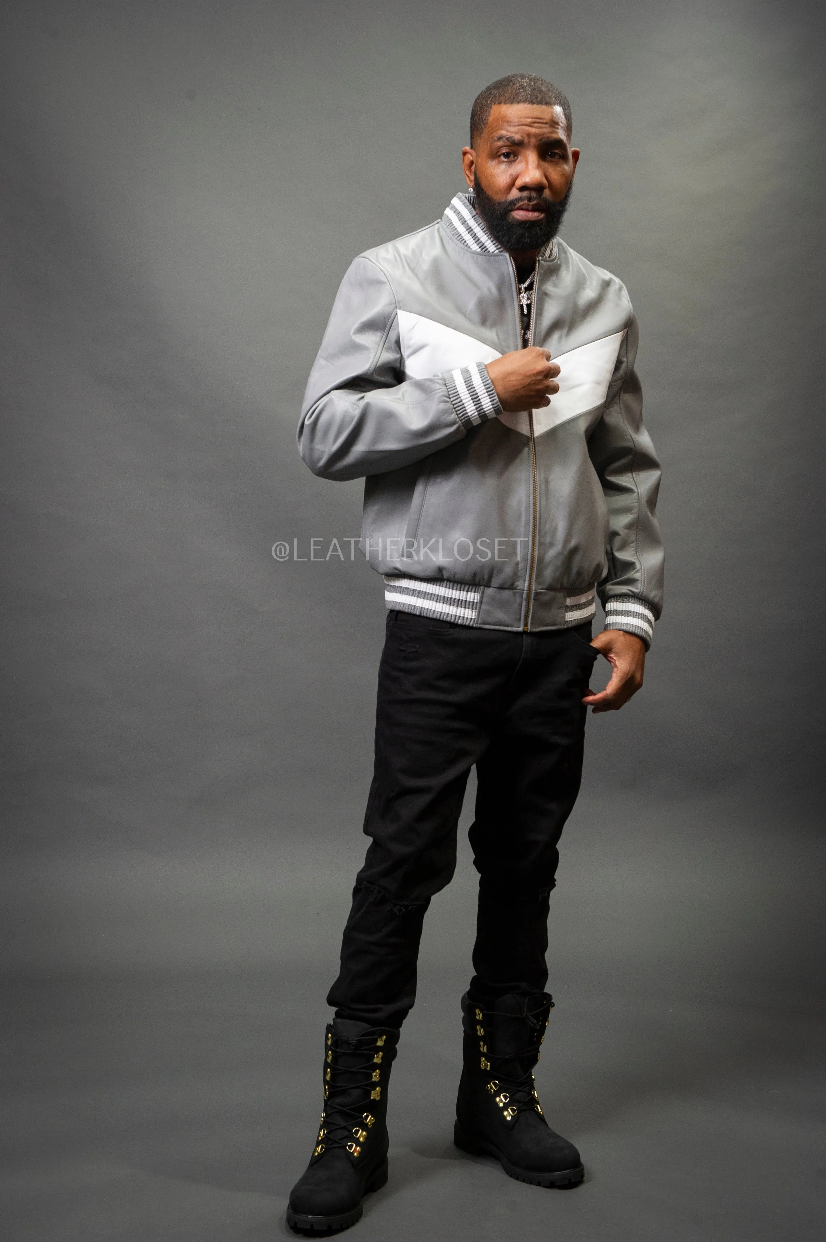 Men's V-Baseball Jacket [Grey/White]