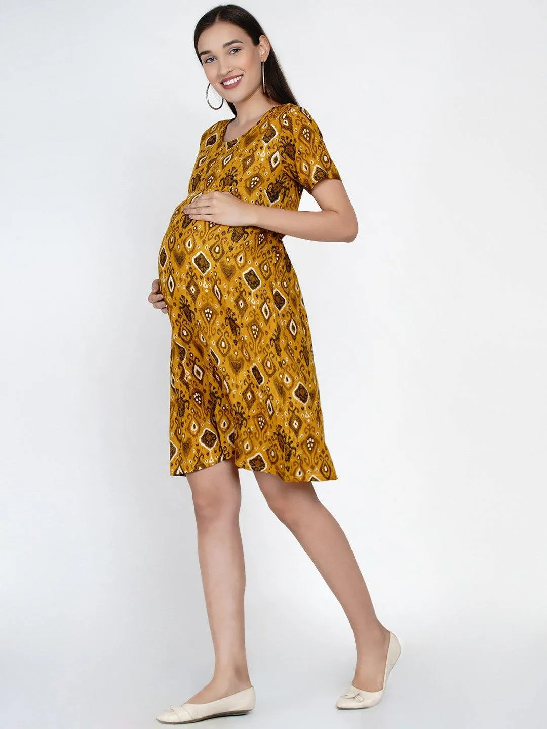 Mustard Floral empire waist Midi Rayon Maternity & Nursing Dress