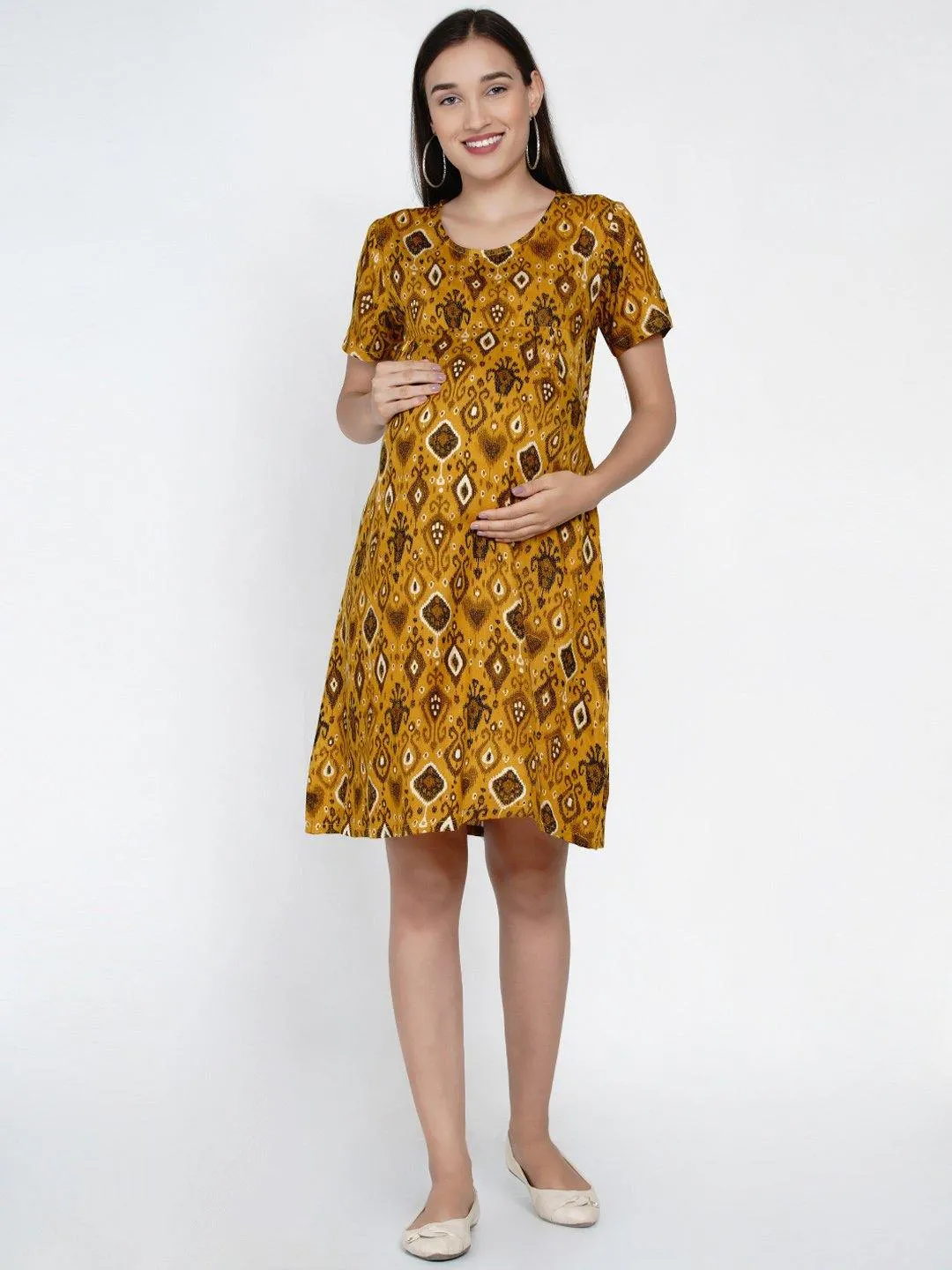 Mustard Floral empire waist Midi Rayon Maternity & Nursing Dress