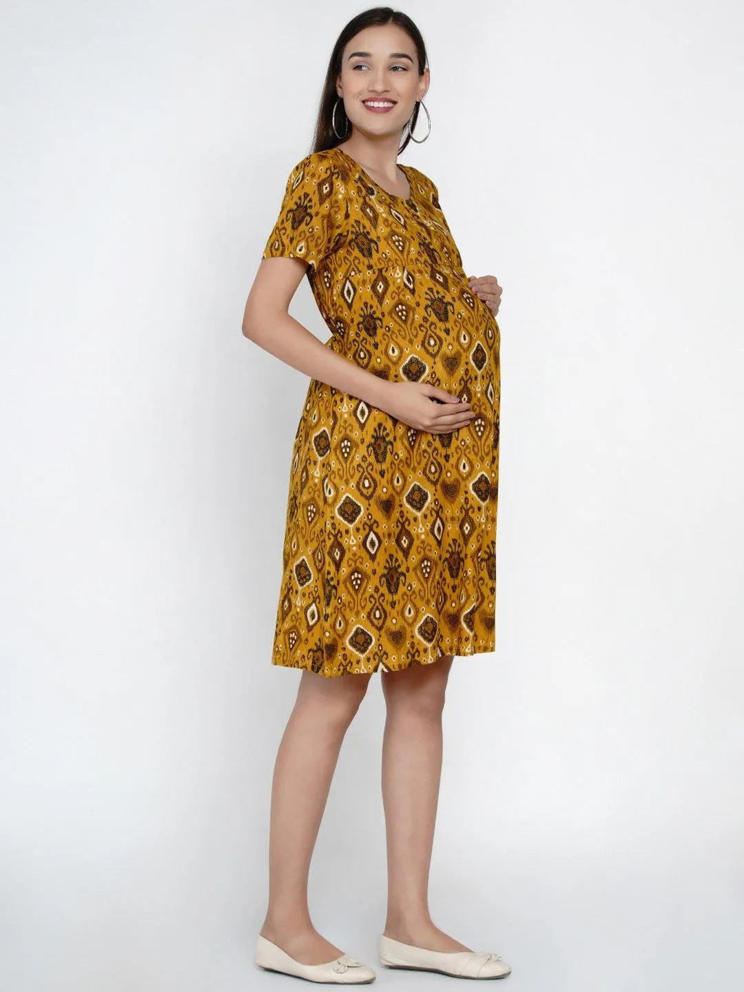 Mustard Floral empire waist Midi Rayon Maternity & Nursing Dress