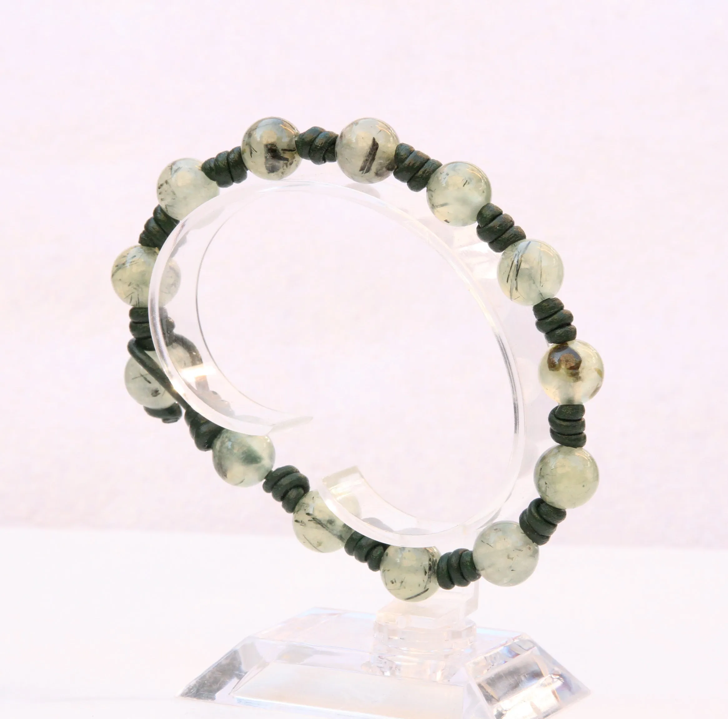 Natural Prehnite gemstone on genuine Leather Hand Knotted green gemstone beaded bracelet