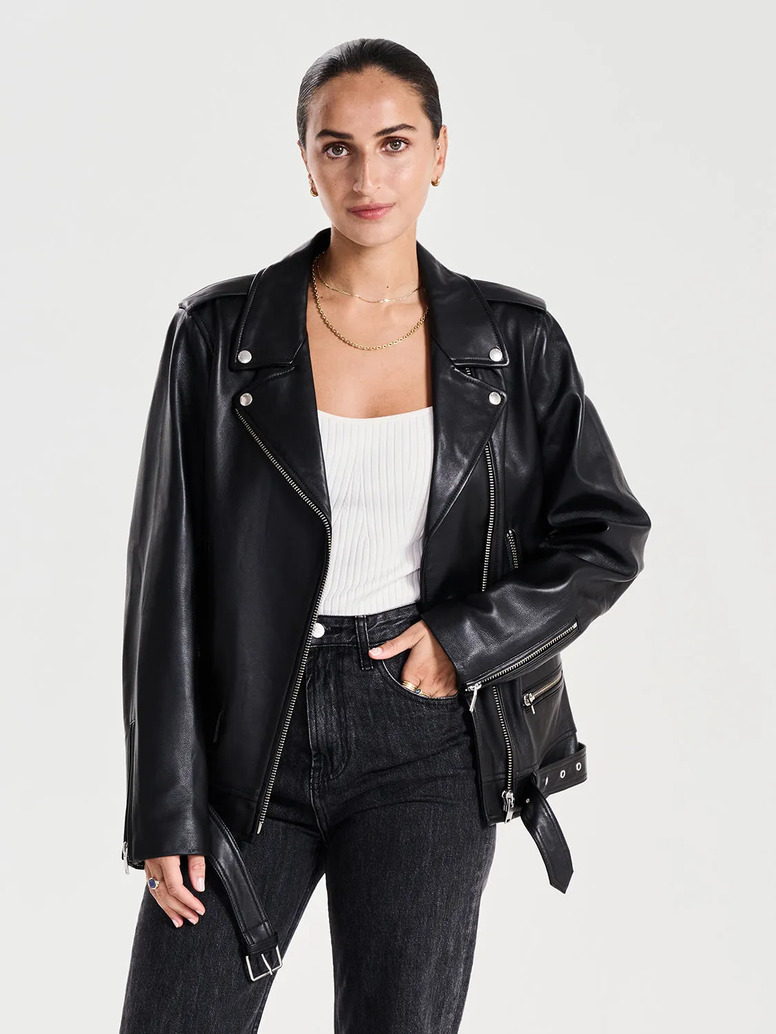 Oversized New Yorker Biker Jacket - Black/Silver