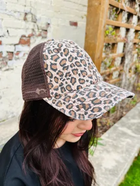 Pink Leopard Pony Tail Hat  Brown Mesh