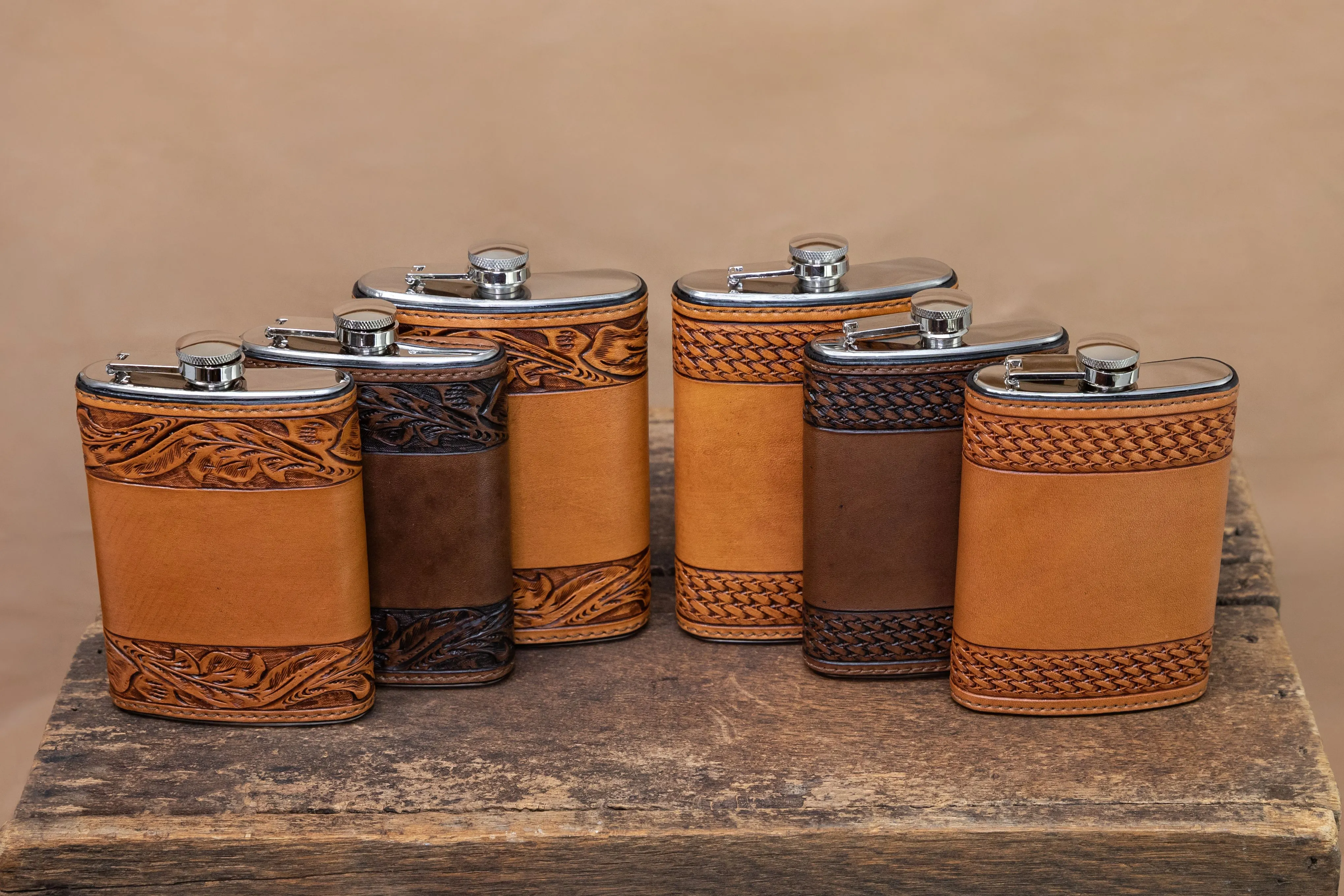 Russet Tooled Basket Weave Flask