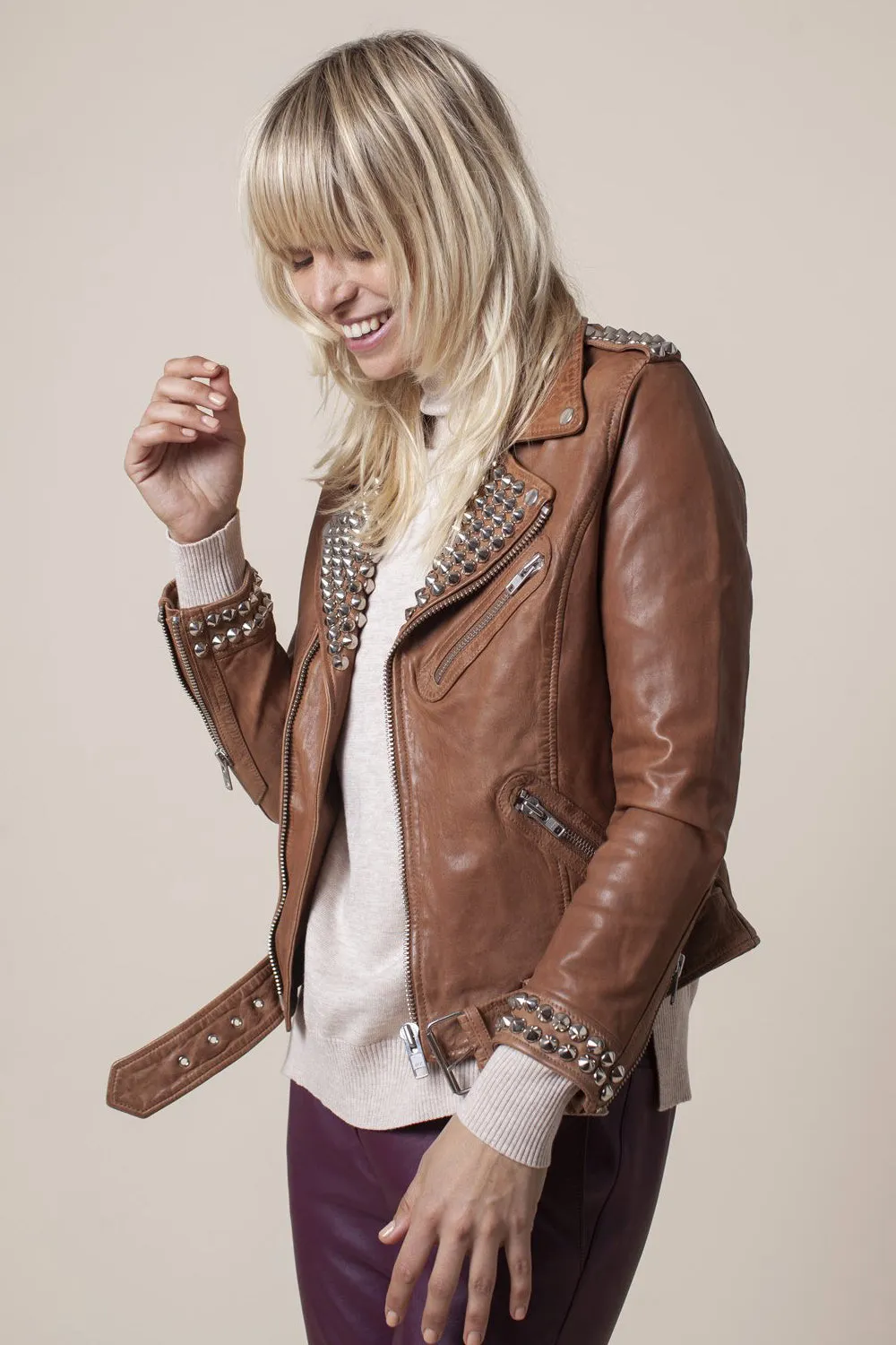 SABATINI STUDDED LEATHER MOTO JACKET COGNAC