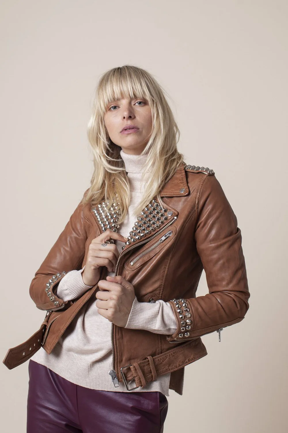 SABATINI STUDDED LEATHER MOTO JACKET COGNAC