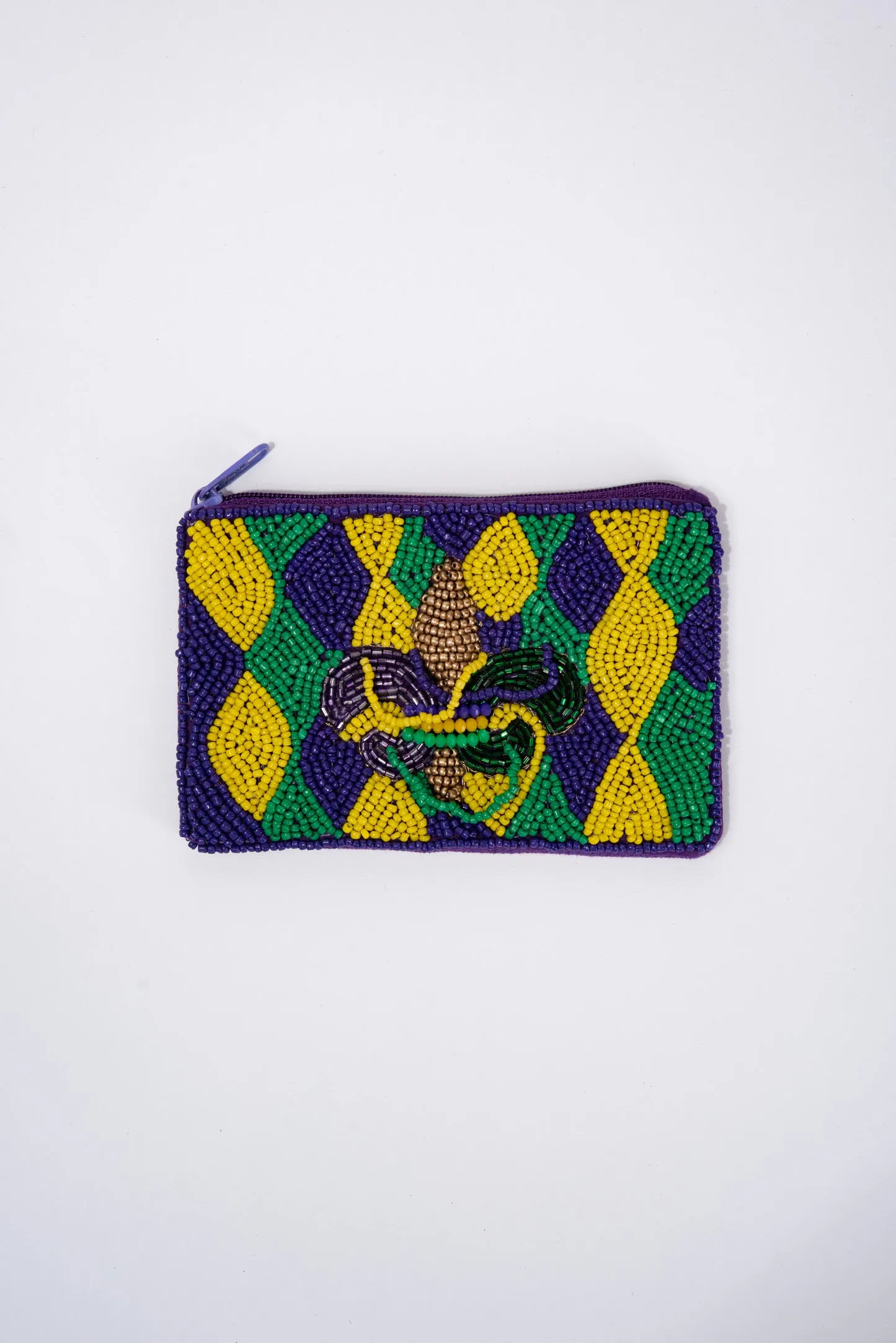 Sage Mardi Gras Fleur De Lis Beaded Zipper Coin Bag