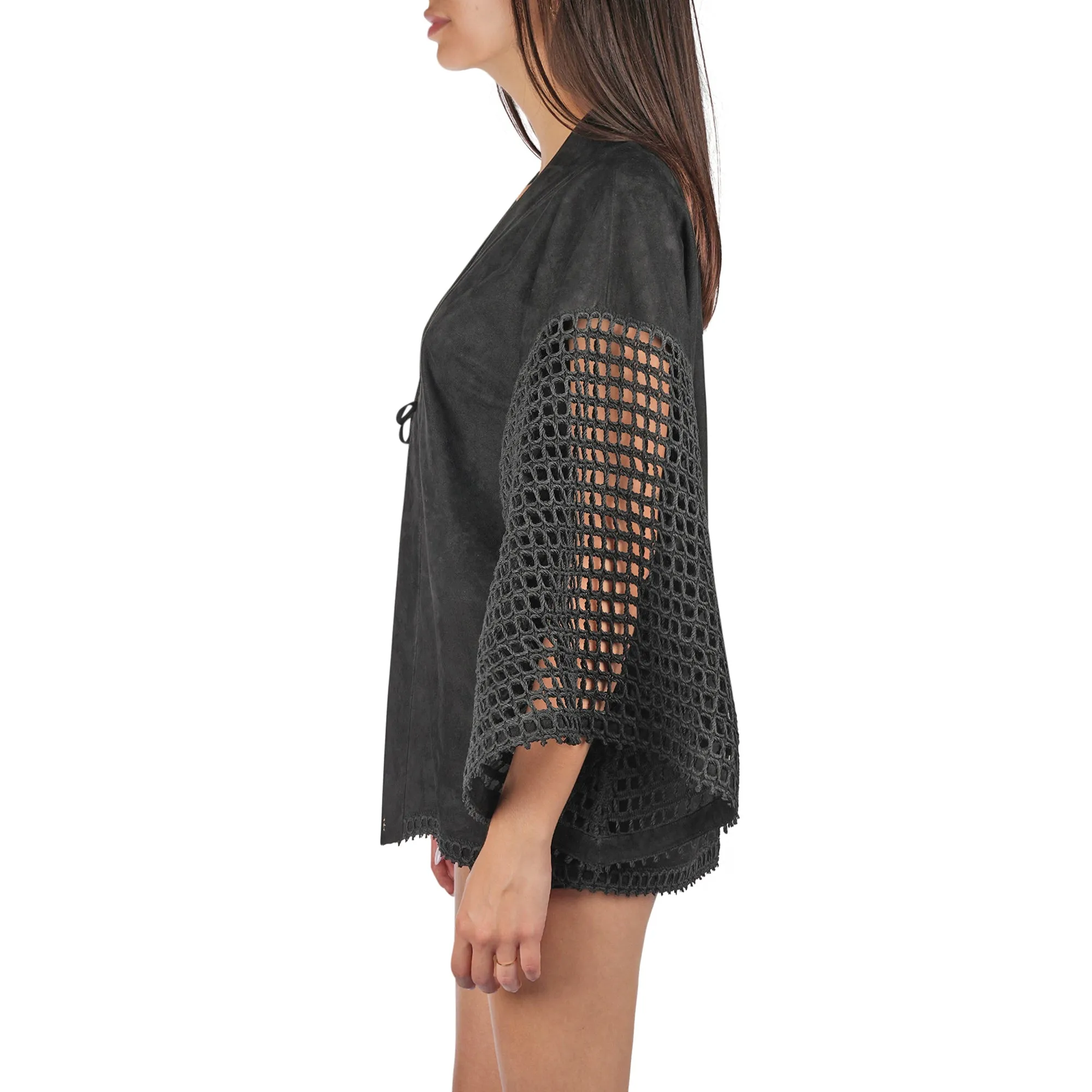 Suede and Crochet Kimono Black