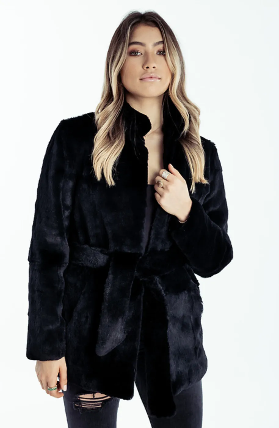 Taitum Long Tie Jacket Black Faux Fur