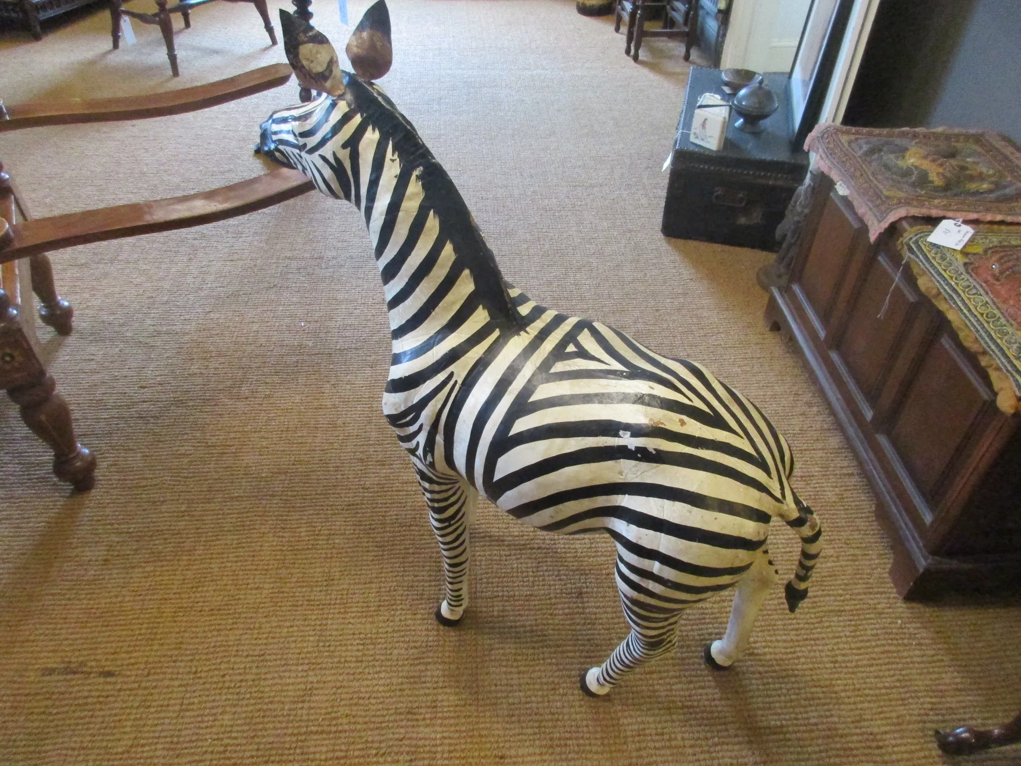 Very Large Hand Painted Leather Zebra Ornament Antique c1930