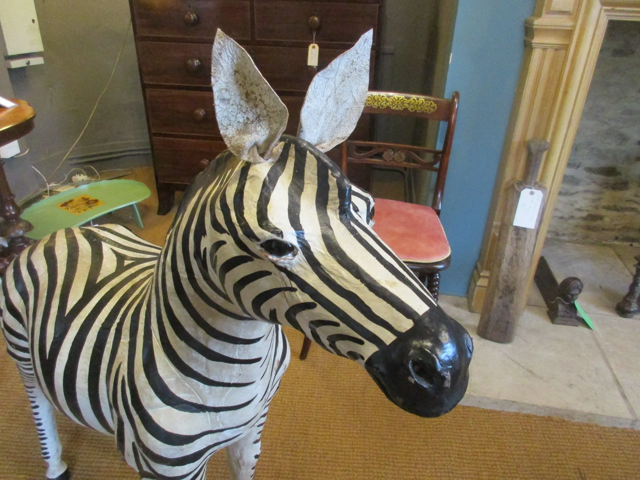 Very Large Hand Painted Leather Zebra Ornament Antique c1930