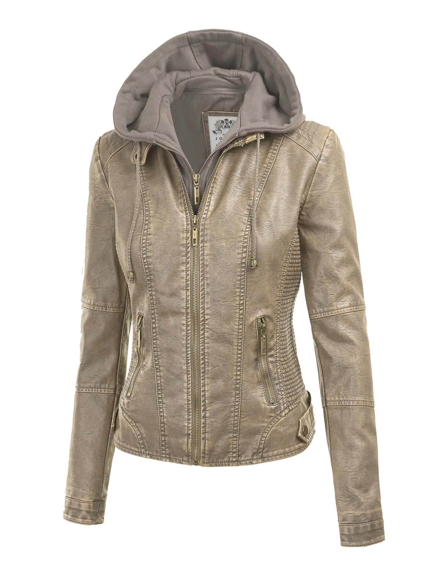 Womens Faux Leather Motorcycle Jacket with Hoodie