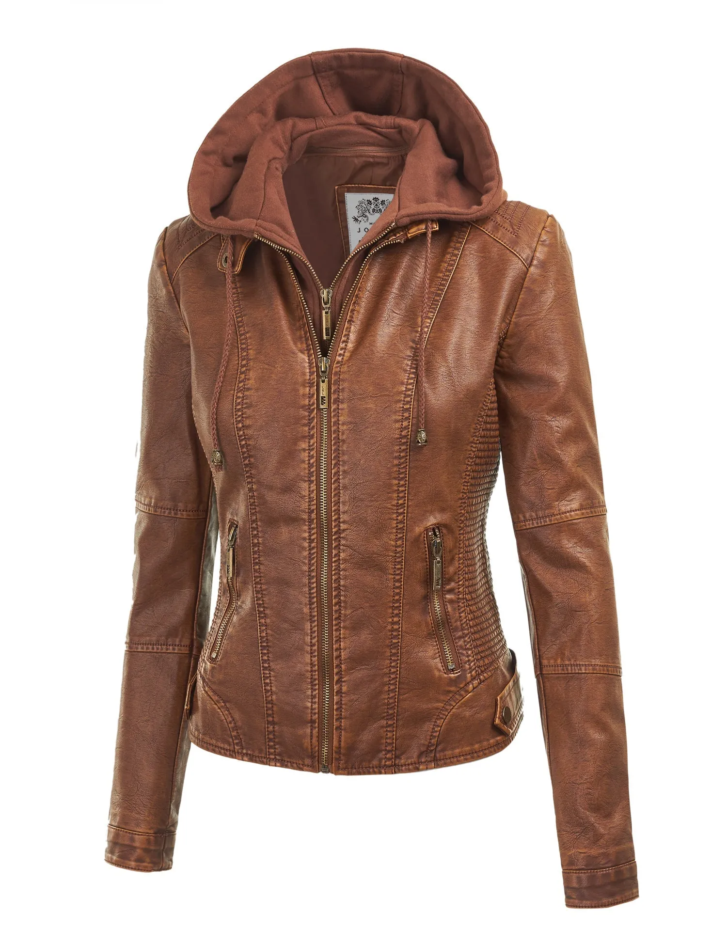 Womens Faux Leather Motorcycle Jacket with Hoodie