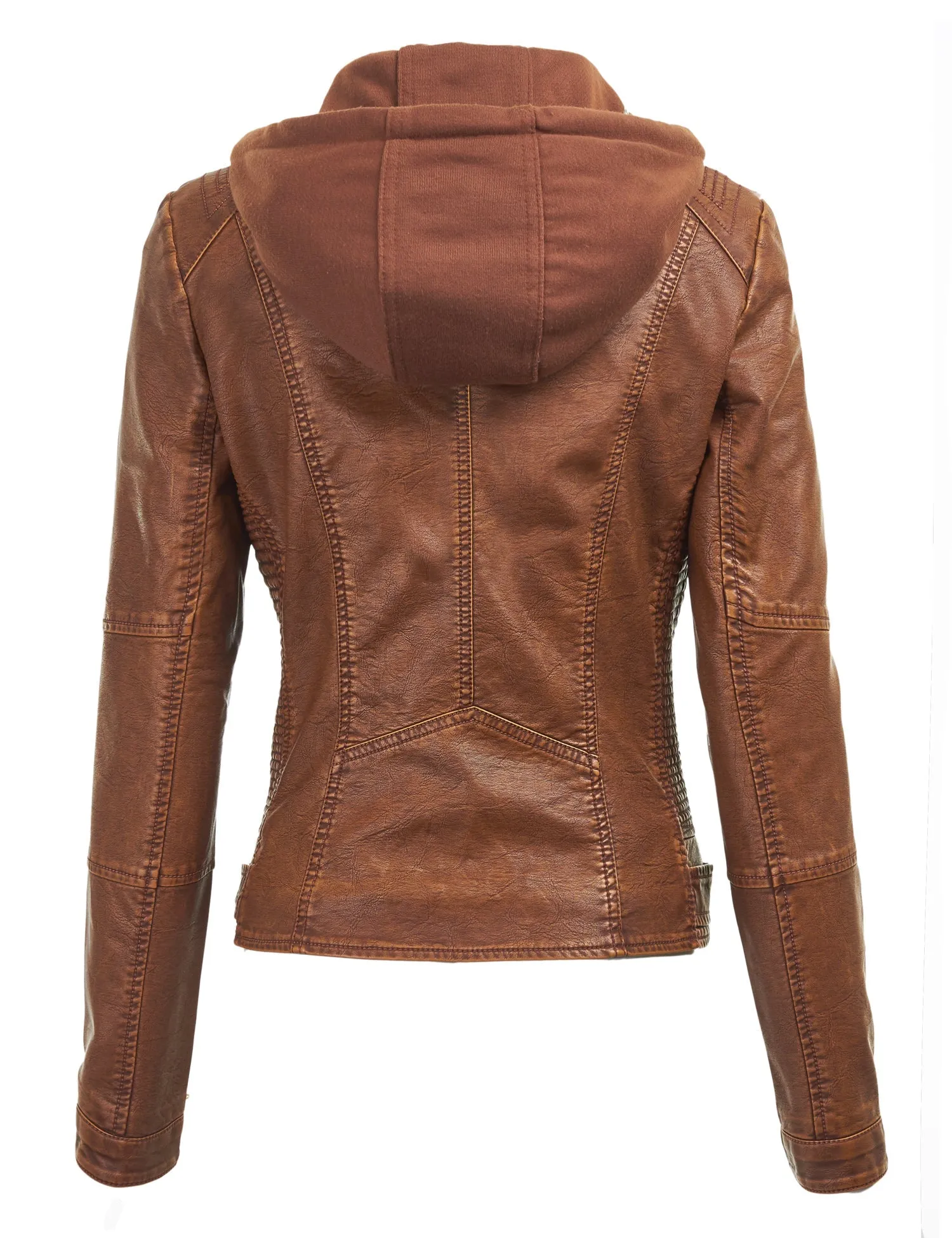 Womens Faux Leather Motorcycle Jacket with Hoodie